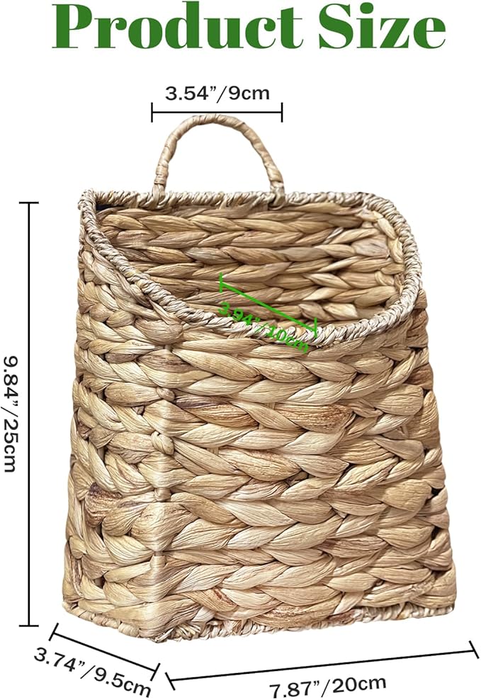 Boho Wall Hanging Basket, Water Hyacinth Woven Basket for Front Door, Flat Back Wall Mounted Entryway Organizer, Storage for Flowers, Plants, Farmhouse, Home Decor