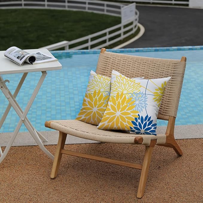 DFXSZ Yellow Blue Outdoor Pillow Cover 16X16 Inch Set of 2 Outdoor Waterproof Summer Floral Yellow Decorative Pillow case Decor for Couch Patio Funiture Garden Print Polyester Cushion Cover 01J16