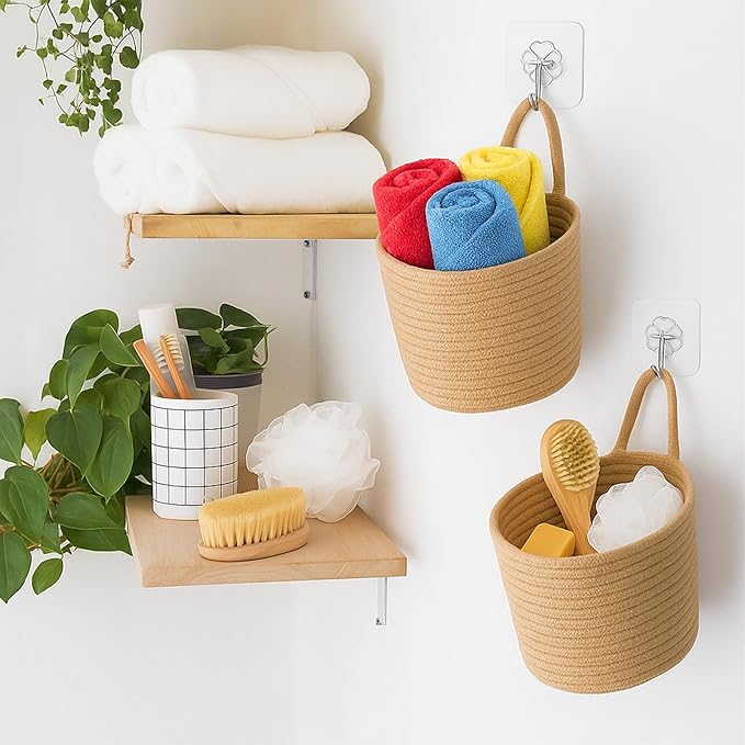 ShellKingdom Hanging Baskets, 3Pack Woven Wall Mounted Storage Basket with 3 Pcs Hooks, Boho Pouchs Bag Organizers for Home Office Living Room Bathroom Door Wall Decoration Caddy Bins (Jute)