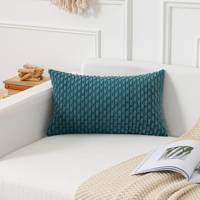 Kevin Textile 14x20 Inch Pillow Cover 1 Pack Boho Decorative Soft Striped Corduroy Lumbar Farmhouse Color Accent Rectangle Cushion Case for Living Room Couch Sofa Bed, Teal Blue