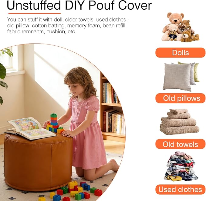 Unstuffed Ottoman Pouf Cover 20 X 15 Inch, Round Pu Leather Foot Stool, Floor Bean Bag(No Filler), Foot Rest with Storage for Living Room/Bedroom/Office, Orange