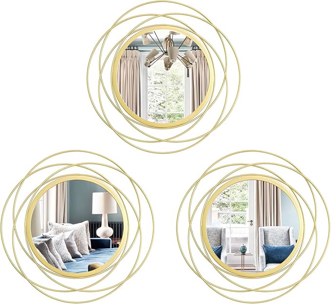 3 Set 9.5 Inch Gold Circle Mirrors Wall Decor Iron Frame Wire Mirror Metal Circular Mirror Home Decor Hanging Mirrors for Room/Bedroom/Bathroom/Entryway