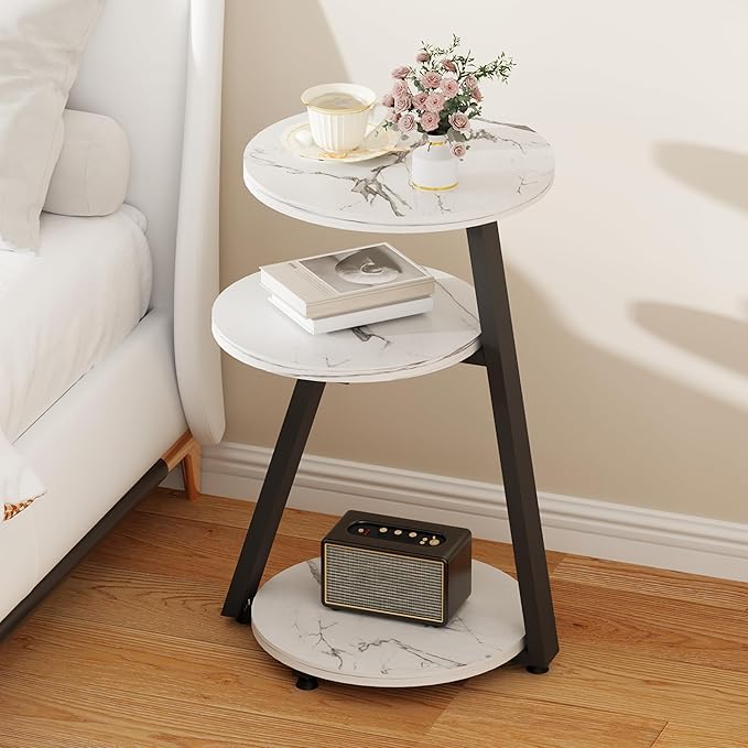 BEWISHOME Round End Table Marble Side Table with Metal Frame, Small Nightstand with 3-Tier Shelves, Night Stand for Living Room Bedroom Tall Black KTZ41H