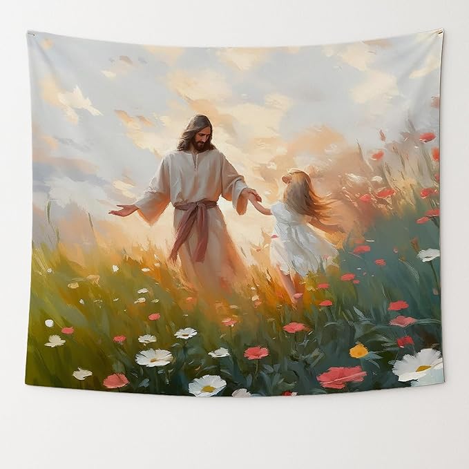 bitCNY Jesus Holding Girl’s Hand Tapestry 60x50 Inches – Christian Faith Tapestry, Inspirational Wall Art for Kids Room, Living Room Religious Decor