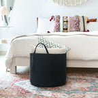 Mkono Woven Storage Basket Decorative Natural Rope Basket Wooden Bead Decoration for Blankets,Toys,Clothes,Shoes,Plant Organizer Bin with Handles Living Room Home Decor, 16"W×13.8"L, Black