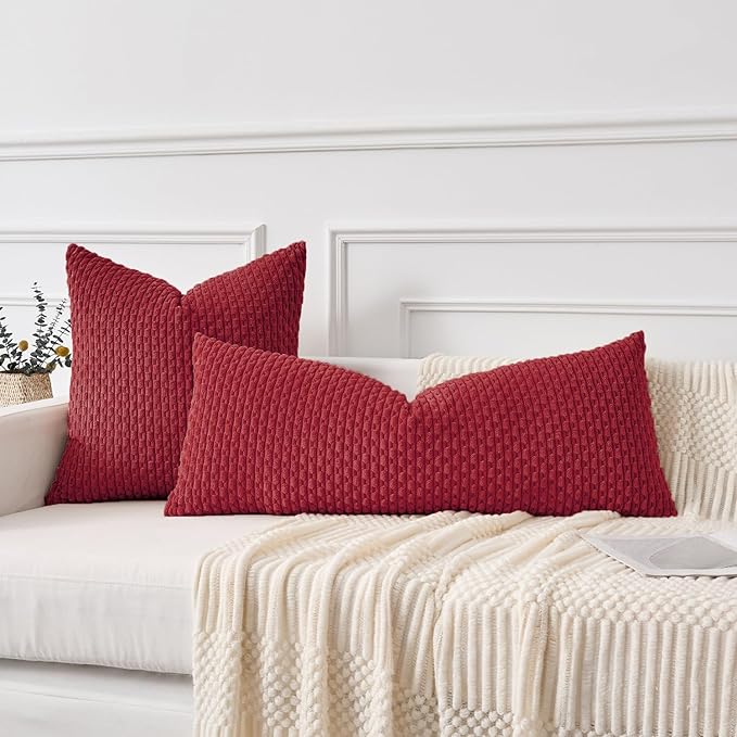 Kevin Textile Valentines 20x54 Inch Long Body Lumbar 1 Pack Boho Decorative Throw Pillow Cover Soft Striped Corduroy Rectangle Cushion Case Farmhouse Accent for Living Room Couch Sofa Bed, Burgundy