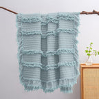 Ultra Soft Pre-Washed Warm Quilted Throw Blanket, Ruffle Fringed Blue Green Boho Decorative Throw, Stone Washed Chic Rustic Blanket for Sofa Couch Bed Chair, 50"x 60"