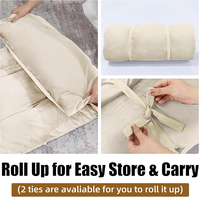HOMBYS Floor Lounger Pillow Foldable and Tufted Design Long Floor Cushion for Yoga, Reading, Sleeping, Meditation, Elastic Band for Roll Up and Easy Storage, Machine Washable (Beige, 74"x27")