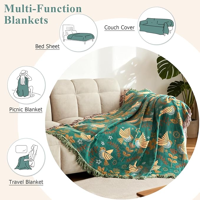 Boho Throw Blanket - 100% Cotton Soft Throw Blanket for Bed, 50"x60" Reversible Breathable Lightweight Spring Blankets, All Seasons Farmhouse Decor Floral Plant Bird Throw Quilt