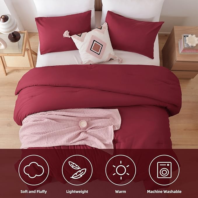 ROSGONIA Oversized Queen Comforter Dark Red, 3pcs (1 Comforter & 2 Pillowcases) Lightweight Oversized Queen Comforter Sets Bedding Blanket Quilts