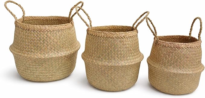 Seagrass Plant Basket Set of 3 with Handles – Handwoven Woven Basket Planter, Indoor Plant Basket & Plant Holder Basket, Natural Fiber Wicker Plant Pot Basket for Boho Farmhouse Home Decor