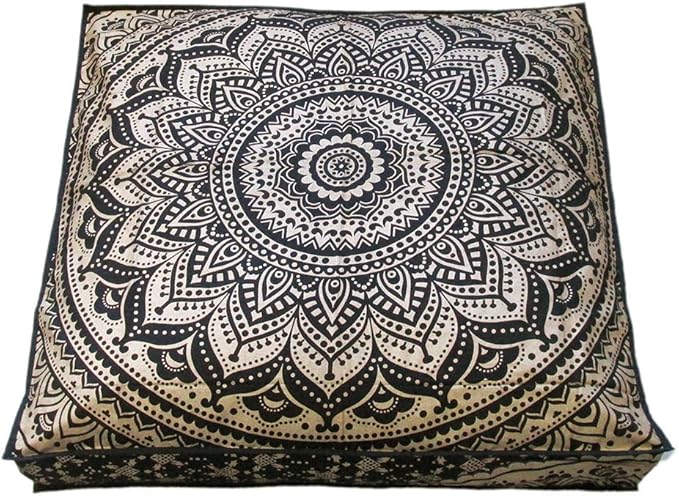 CRAFT KALA Mandala Floor Pillow Cushion Cover Seating Throw Cover Hippie Decorative Bohemian Ottoman Poufs Pom Pillow Cases Boho Indian Cotton Living Room Yoga Home Décor 24" Square, Black Gold Ombre