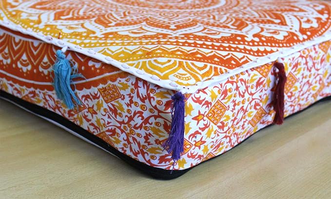 ICC Large Square Cotton Mandala Cushion Cover Hippie Ottoman Pouf Cover Daybed Floor Pillow Cover with Heavy Duty Zipper Seating Ottoman Poufs Dog-Pets Bed (Yellow/ Orange Ombre, 18" Square)