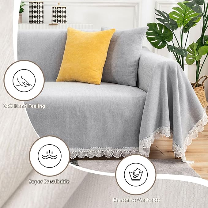 ROOMLIFE Minimal Design Grey Sofa Slipcovers Sectional Couch Covers Soft Chenille Sofa Covers for 2-3 Cushion Couch,Recliner Chair,Loveseat-Couch Cover for Dogs Pets, 71"x118"