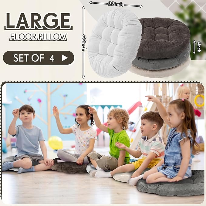 Jerify Floor Pillow Cushions Large Round Square Large Meditation Floor Pillow for Classroom Adult Meditation Picnic Party Seating Learning Daycare School(Round,Graded Grey,4 Pcs)