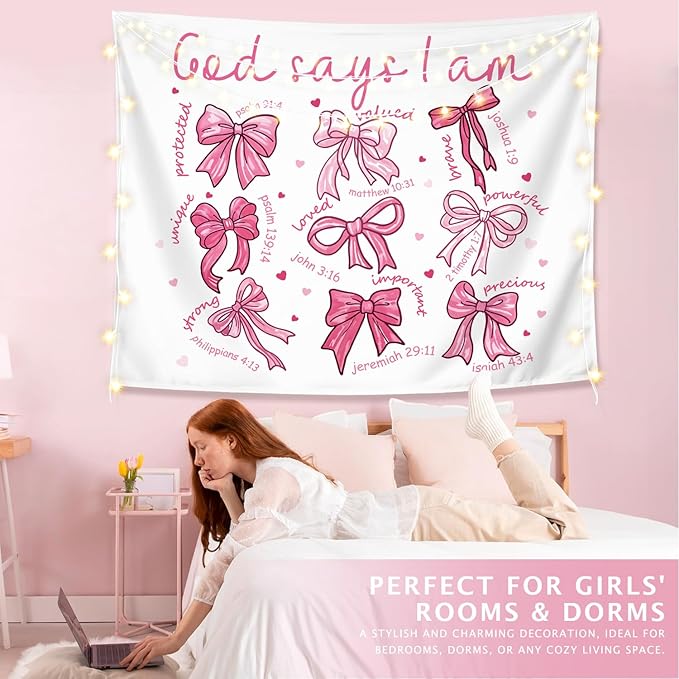 LIANGW Pink Coquette Bow Christian Tapestry, Indoor Outdoor Wall Art Tapestry for Bedroom, Inspirational Christian Tapestries for Women, Girl Room Decoration Living Room Bedroom 50x60 inches