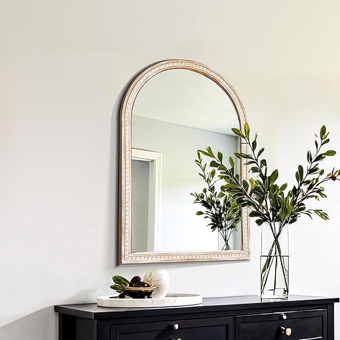 Arched Vanity Mirror for Wall, 30"x20" Boho Rustic Farmhouse Mirror with Beaded Wooden Frame, Decorative Wooden Mirror for Bathroom, Living Room, Entryway, or Bedroom
