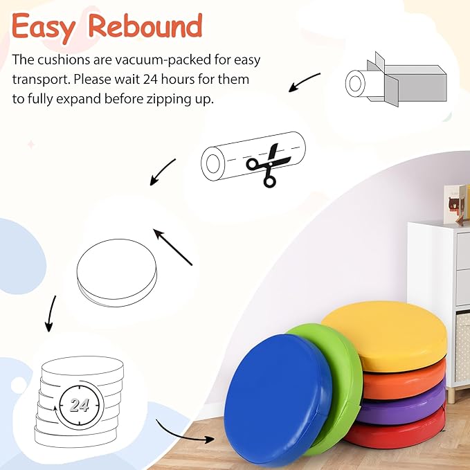 Costzon 6-Piece 14 inch Kids Floor Cushion, 2.5" Thick Waterproof Daycare Preschool Round Foam Cushion with Handle for Toddlers, Soft Flexible Seating for Classroom, Home, Kindergarten or Nursery