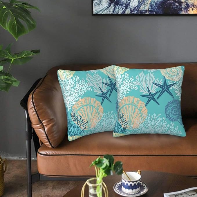 Coastal Beach Pillow Covers 18x18 Set of 2, Starfish Coral Seahorse Throw Pillow Covers Outdoor Decorative Pillow Case for Couch Bed Sofa Cushion Home Decor