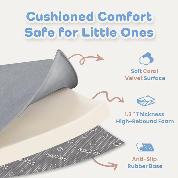 1.3" Thick Baby Floor Play Mat 71x79, Basic Padded Foam Mat for Tummy Time Crawling, Non Slip Cushioned for Babies Toddlers Infants Kids (Light Grey)