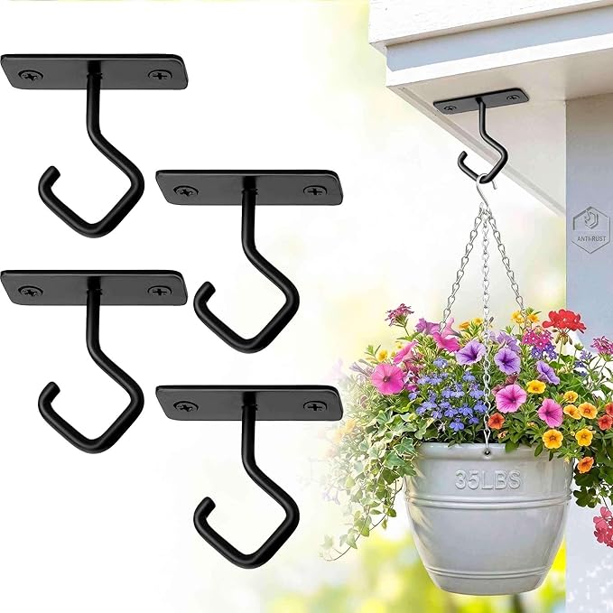 Ceiling Hooks for Hanging Plants: 4 Pack 2.5 Inch Iron Plant Bracket for Wall Mount, Black Metal Plant Hangers Wall Hooks for Light, Lanterns, Wind Chimes, Outdoor Indoor