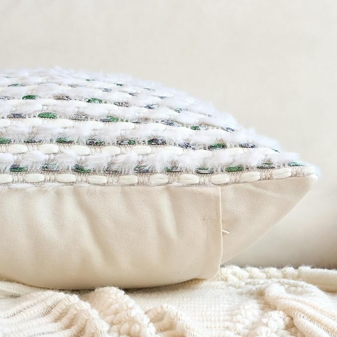 Aeckself Handmade Boho Chenille Tufted Pillow Cover 18x18 Inch, Decorative Square Throw Pillow Cover Neutral Pillowcase for Couch Bedroom Living Room, Green White