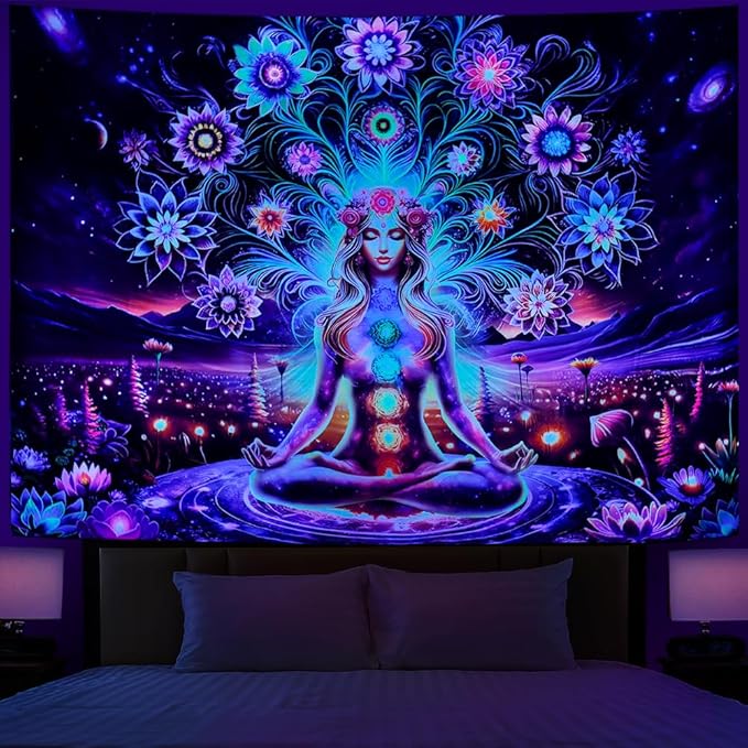 Dermijer Blacklight Seven Chakra Yoga Meditation Tapestry Flower Chakra Tapestries Galaxy Space Planet Tapestry UV Reactive Lotus Tapestries Wall Hanging for Home Decor 92.5L x 70.8W
