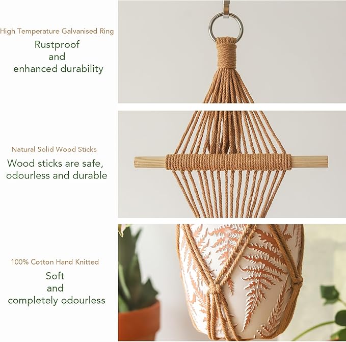 Wooden Dowel & Diamond Macrame Plant Hangers 2 Pack 39 Inch, Handwoven Cotton Rope Plant Holder with S Hooks, Boho Home Decor for Indoor Plants for up to 10in Pot (Caramel Wood Hanger)