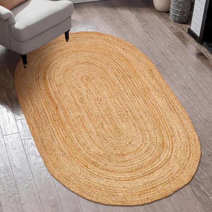 Handcrafted Jute Braided Rug 3x5 Feet Oval - 100% Natural Jute Area Rug - Rustic Farmhouse Boho Accent Rug for Living Room Bedroom Kitchen Entryway Reversible Handwoven Floor Rug