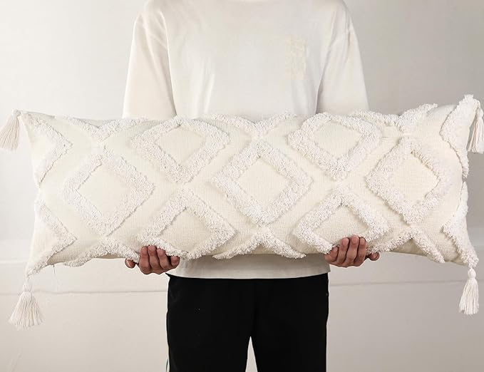 PANOD Decorative Long Lumbar Pillow Cover 12x40 Boho,Super Soft Chenille Extra Long Lumbar Pillow Case Cover with Tassel for Bed Sofa Couch Farmhouse Livingroom,White,Modern Skinny