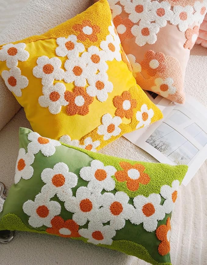 vctops Spring Floral Tufted Decorative Throw Pillow Covers Cute Flower Lumbar Pillow Cases Soft Velvet Couch Cushion Cover for Chair Sofa Bedroom Living Room Home Decor (Green,12"x20")
