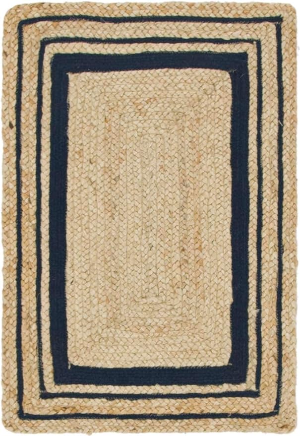 Unique Loom Braided Jute Collection Classic Quality Made Natural Hand Woven with Coastal Design Area Rug (2' 0 x 3' 0 Rectangular, Natural/ Navy Blue)