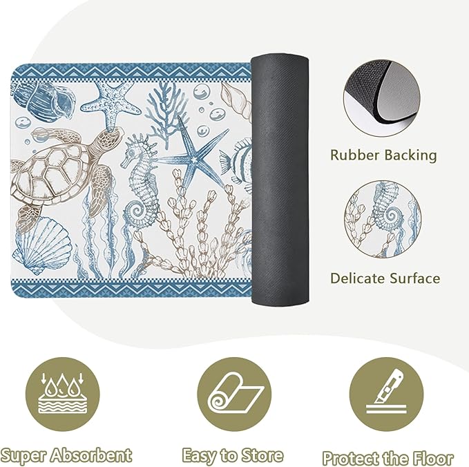 Coastal Rugs for Kitchen Floor, Beach Anti Fatigue Mats for Kitchen Floor Non Slip, 2PCS Rubber Ocean Coral Kitchen Mat, Washable Cushioned Runner Carpet for Sink Laundry 15.7"×27.5" +15.7"×47" 3.5mm