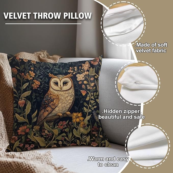 YOU FOUND ME William Morris Abstract Vintage Floral Velvet Owl Design Throw Pillow Covers Home Decor, Retro Art Decor Pillowcase Cushion Cover for Bed Sofa Living Room, Square 18x18inch (Brown-Owl)