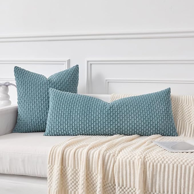 Kevin Textile 20x54 Inch Long Body Lumbar 1 Pack Boho Decorative Throw Pillow Cover Soft Striped Corduroy Rectangle Cushion Case Farmhouse Accent for Living Room Couch Sofa Bed, Blue Grey