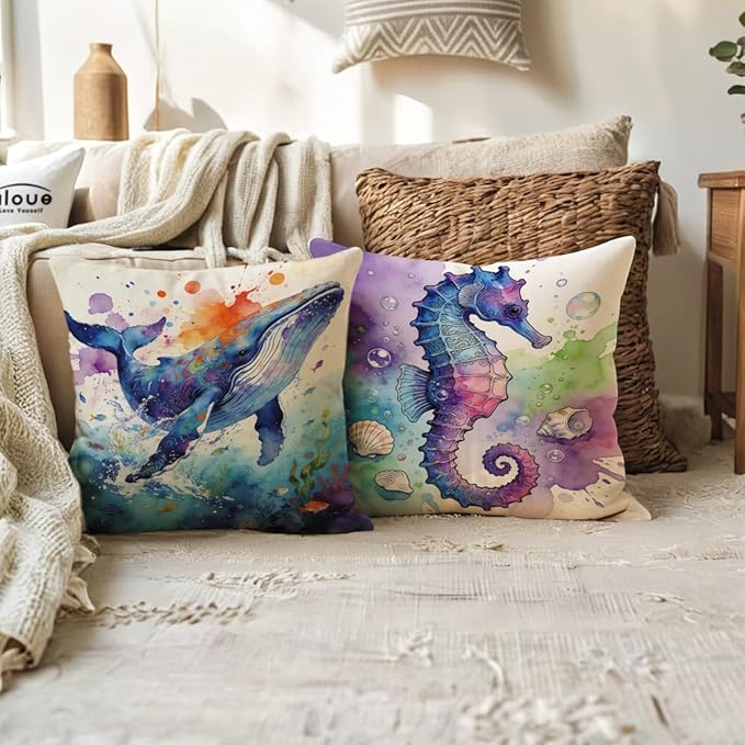 Marine Life Throw Pillow Case Turtle Octopus Seahorse Whale Decorative Pillowcases Coastal Ocean Cushion Covers 18 X 18 Inch,4Pack Nautical Pillow Covers for Summer Beach House Decor(Purple/Blue)