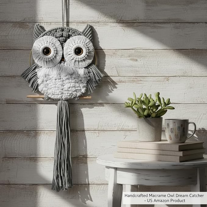ACEDSGN Macrame Owl Wall Hanging Boho Dream Catcher, Handmade Tapestry Fiber Art Wall Decor for Nursery Bedroom Living Room, Sustainable Gift for Owl Lovers & Nature Fans - Light Gray