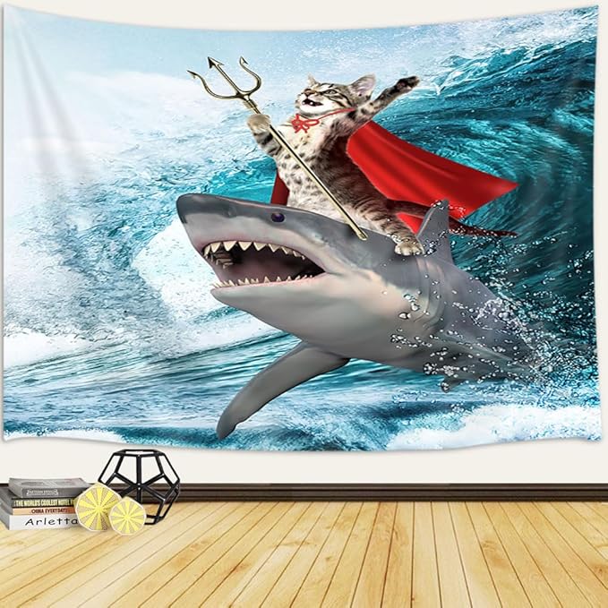Hilarious Cat Riding Shark Tapestry, Japanese Wave Anime Art for Bedroom, Funny Cat Wall Hanging 71x60 Inch