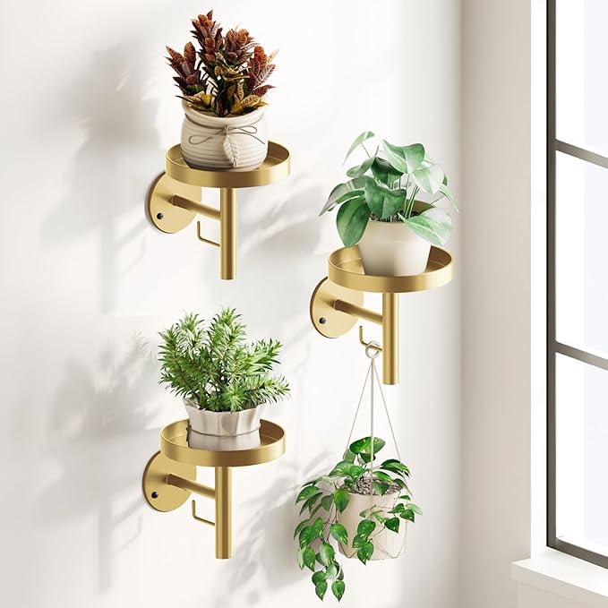 DELLAN Wall Plant Holder, 3 Pack Metal Wall Planters Stand Floating Shelves for Indoor Plants, Window Sill Plant Decor for Bedroom, Bathroom, Living Room, Home, Office, All Gold