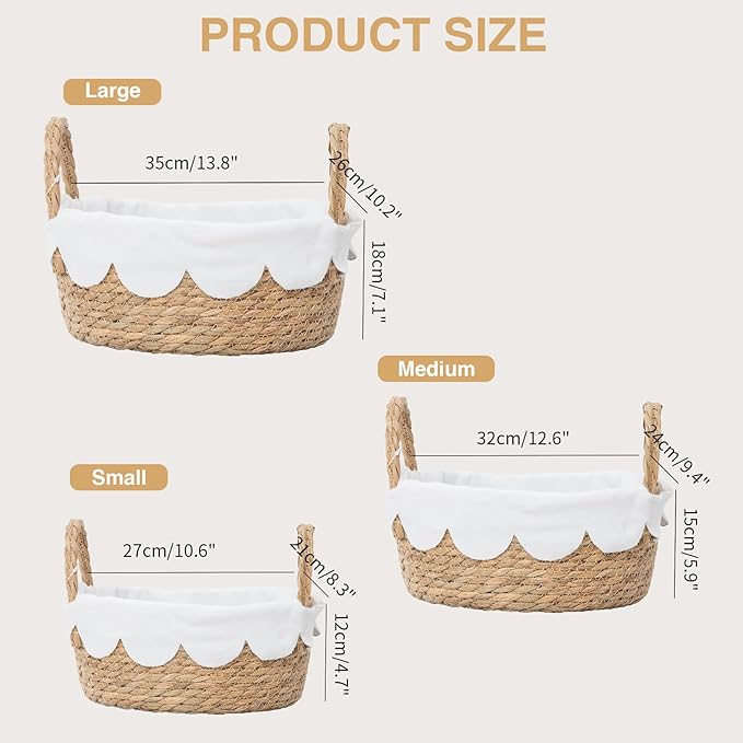 Handmade Seagrass Wicker Storage Basket with Handles & Removable Liner,Eco-Friendly Oval Woven Shelf Basket Organizer for Home Decor,Set of 3
