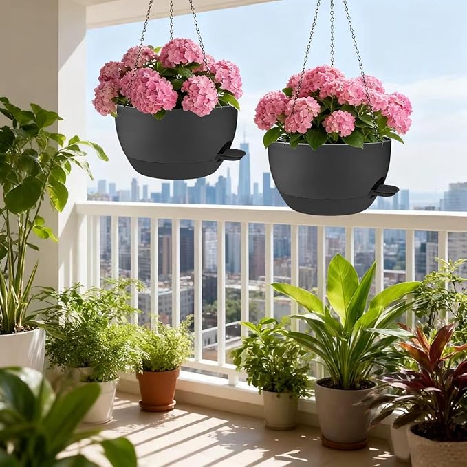 12 Inch Self Watering Hanging Planters 2 Pack, Indoor Outdoor Hanging Pots for Plants with Drainage Holes & Saucers, Black Plastic Hanging Baskets for Kitchen Balcony Garden
