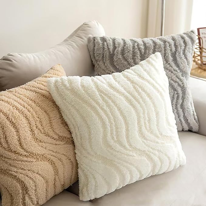 Cream Pillow Covers 18x18 Set of 2, Faux Fur Soft Textured Throw Pillow Covers Boho Fluffy Geometric Decorative Pillow Covers for Couch Bed Livingroom