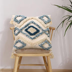 JASEN Boho Decorative Throw Pillow Cover，Blue and Beige Woven Tufted Pillow Cover with Tassels Bohemia Pillow Covers for Couch Sofa Bedroom Living Room 18x18 Inch