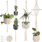 Nook Theory 4-Pack Macrame Plant Hangers with 8 Hooks - Hanging Planters for Indoor Plants, Boho Macrame Hangers Indoor Outdoor, Decorative Plant Hanger Indoor (Cream)