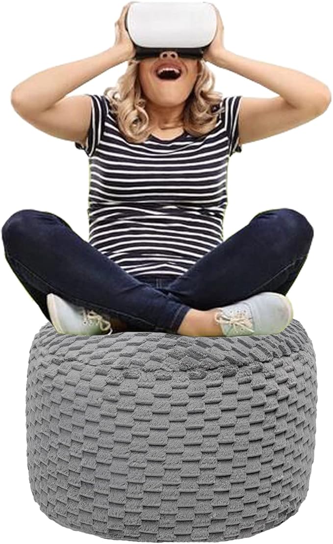 Fur Ottoman Stool Unstuffed Footstool Cover Pouf Foot Rest 20x20x12 Inches Round Poof Seat Floor Bean Bag Chair Foldable Storage for Living Room Bedroom Solid Grey