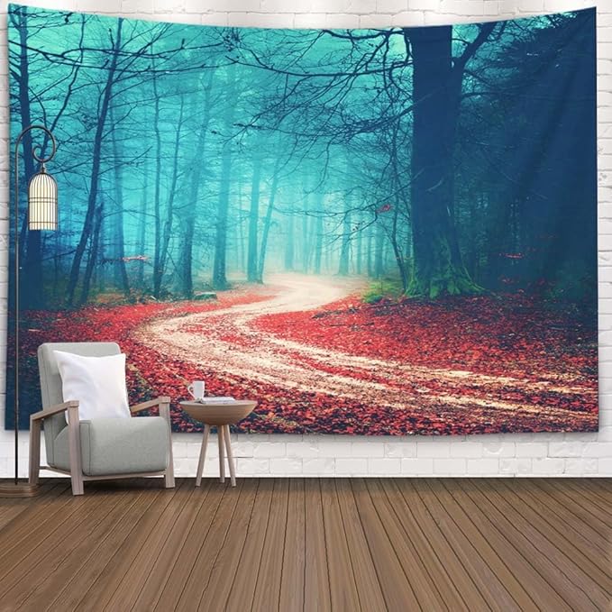 EMMTEEY Halloween Foggy Forest Tapestry Autumn Forest Road Red Leaves Boy Tapestry for Bedroom 60X40 Landscape Tapestry Present for Families