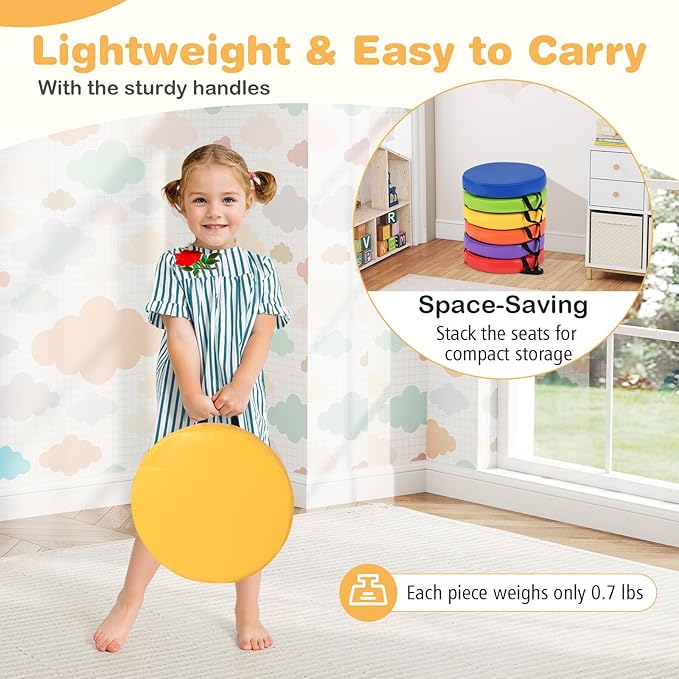 HONEY JOY 6PCS Floor Cushions for Kids, 14" Length Flexible Alternative Portable Classroom Seating with Handles, Easy to Clean, Thick Soft Foam Comfy Round Seats for Daycare Preschool (Colorful)