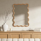 WallBeyond 28"x40" Large Wavy Wood Mirror, Natural Wood Boho Accent Wall Mirror with Solid Wooden Frame, Decorative Wall Mirror for Horizontal or Vertical Hanging in Bathroom or Living Space