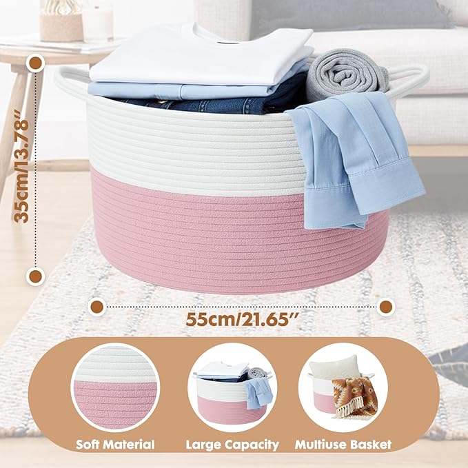 ShellKingdom Laundry Basket, Large Natural Rope Woven Storage Basket with Handles for Home, Living Room, Laundry, Storage Organizer for Blankets, Clothes, Toys, 13.78 x 21.65 INCH (2-Toned White Pink)