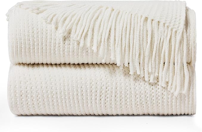 inhand Throw Blanket for Couch Bed,Chunky Chenille Woven Soft Blankets with Tassels,Cozy Boho Farmhouse Spring Summer Fall Decor,Warm Knitted Gifts for Women,50"x60",Medium Thick-Off White